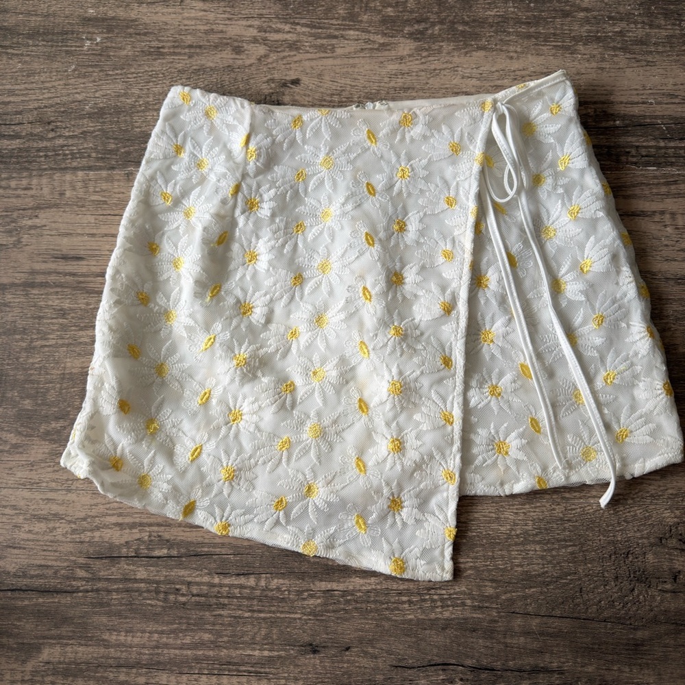 Floral Embroidered White and Yellow Wrap Skirt